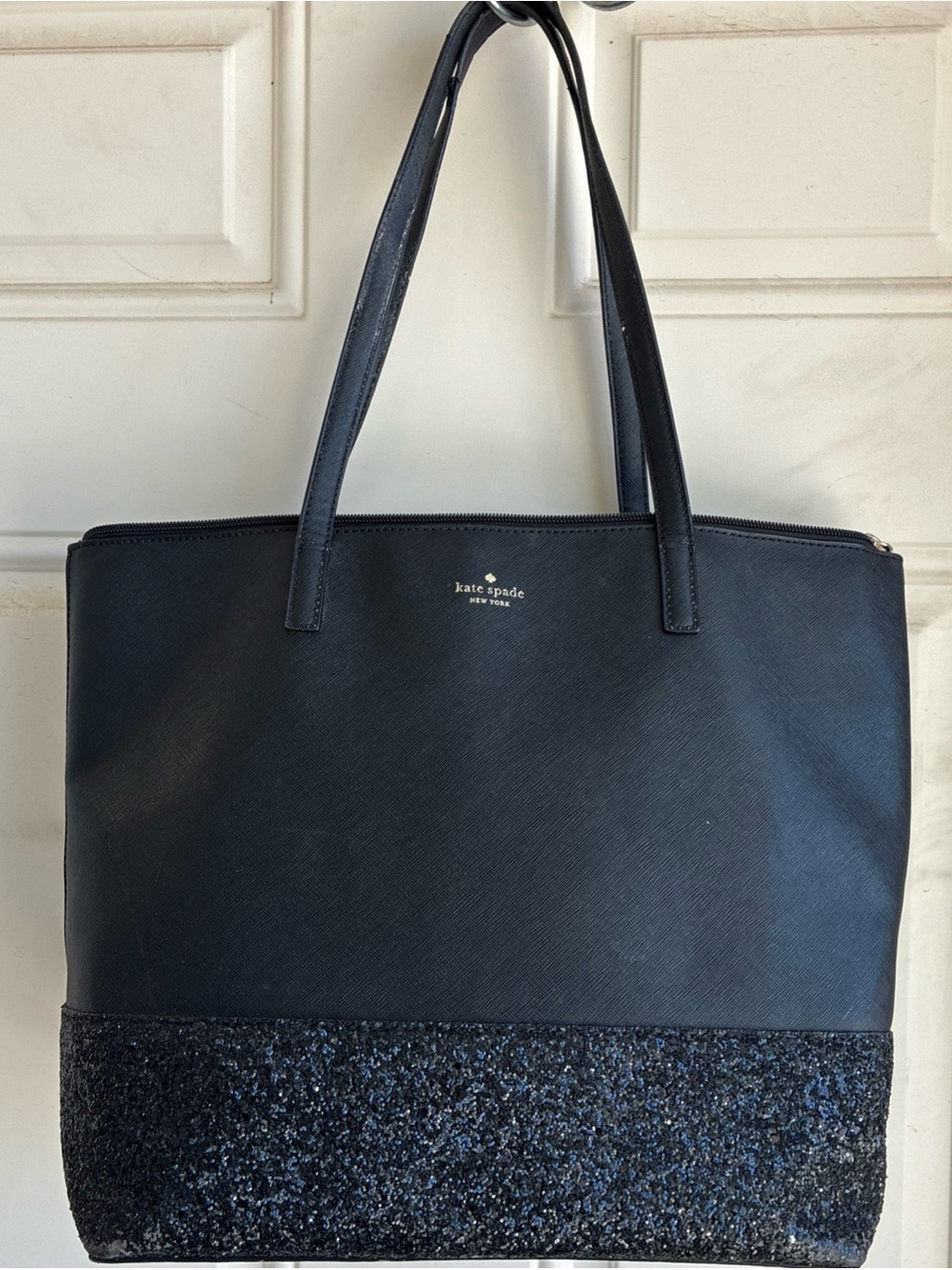Kate Spade Greta Court Penny Black Glitter Large Tote Bag 16x12x6”